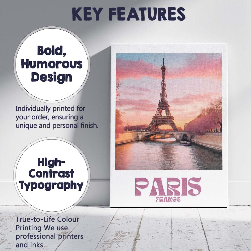 Romantic Paris France Eiffel Tower Sunset Travel Poster Canvas Wall Art Print Decor Picture Ready to Hang