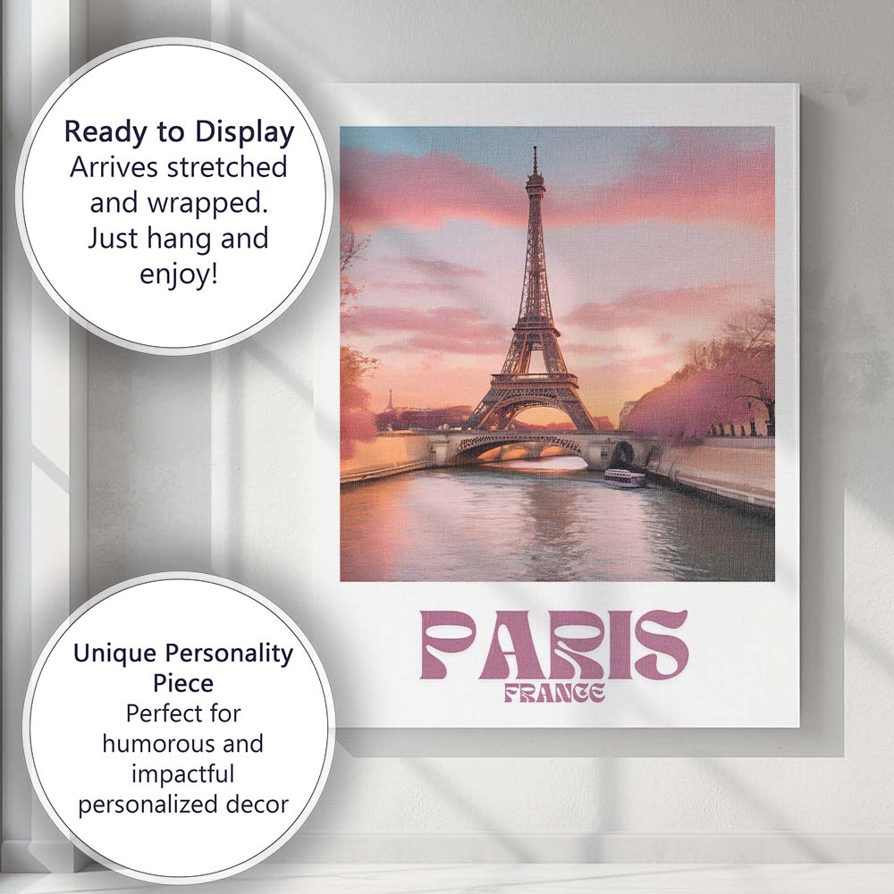 Romantic Paris France Eiffel Tower Sunset Travel Poster Canvas Wall Art Print Decor Picture Ready to Hang