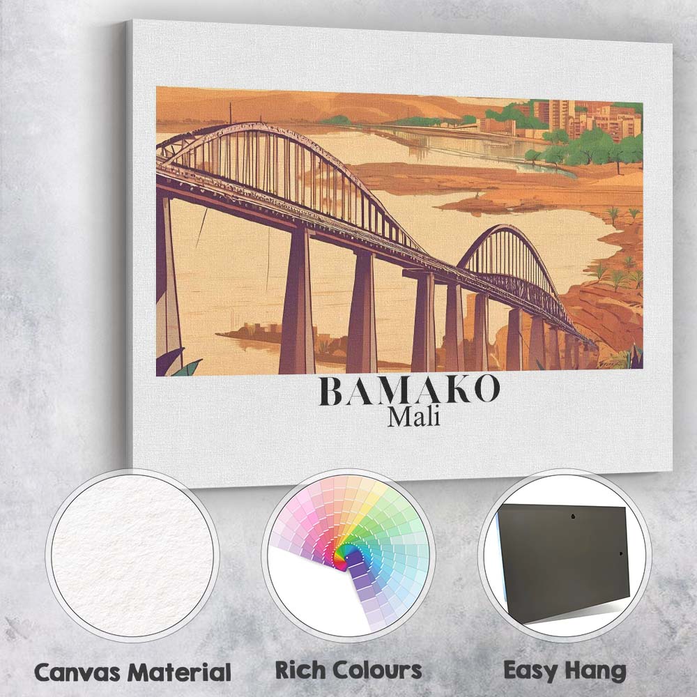 Retro Bamako Mali Arch Bridge Riverside Cityscape Travel Poster Canvas Wall Art Print Decor Picture Ready to Hang