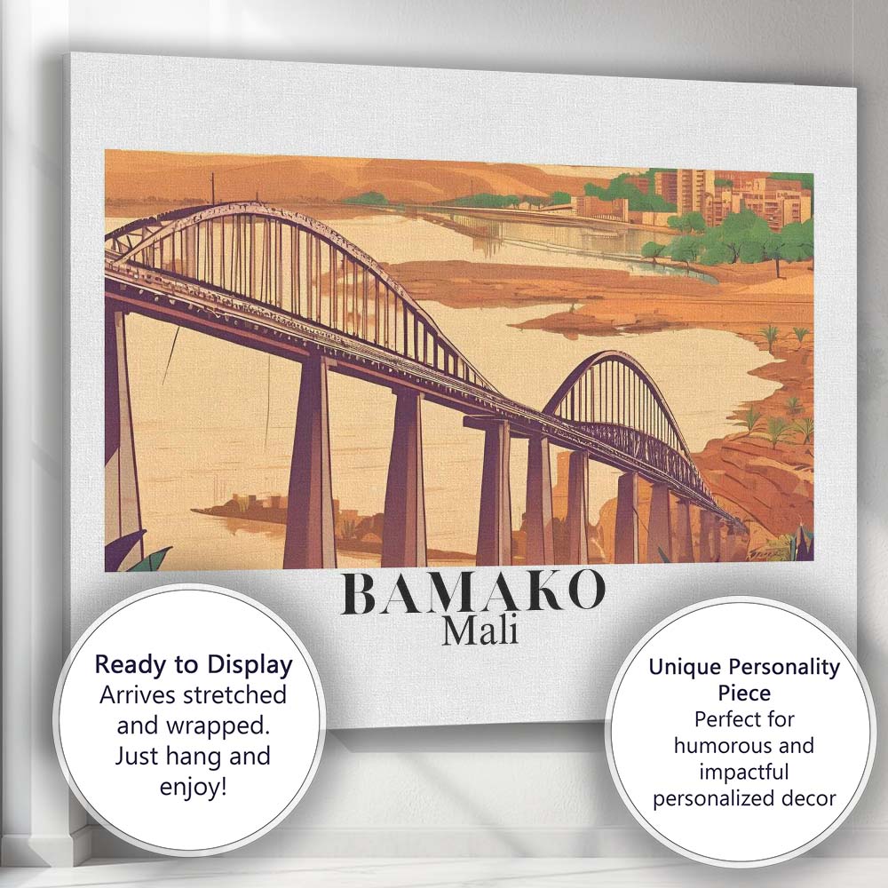 Retro Bamako Mali Arch Bridge Riverside Cityscape Travel Poster Canvas Wall Art Print Decor Picture Ready to Hang