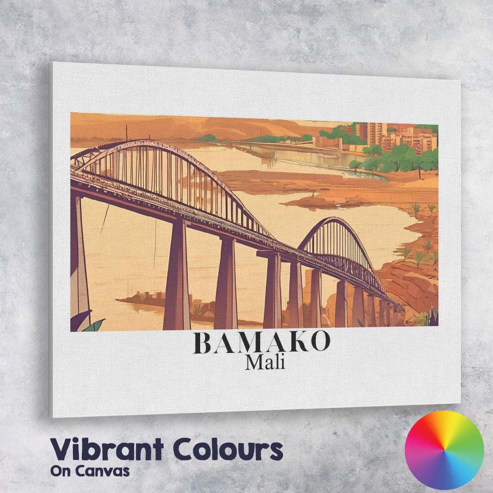 Retro Bamako Mali Arch Bridge Riverside Cityscape Travel Poster Canvas Wall Art Print Decor Picture Ready to Hang