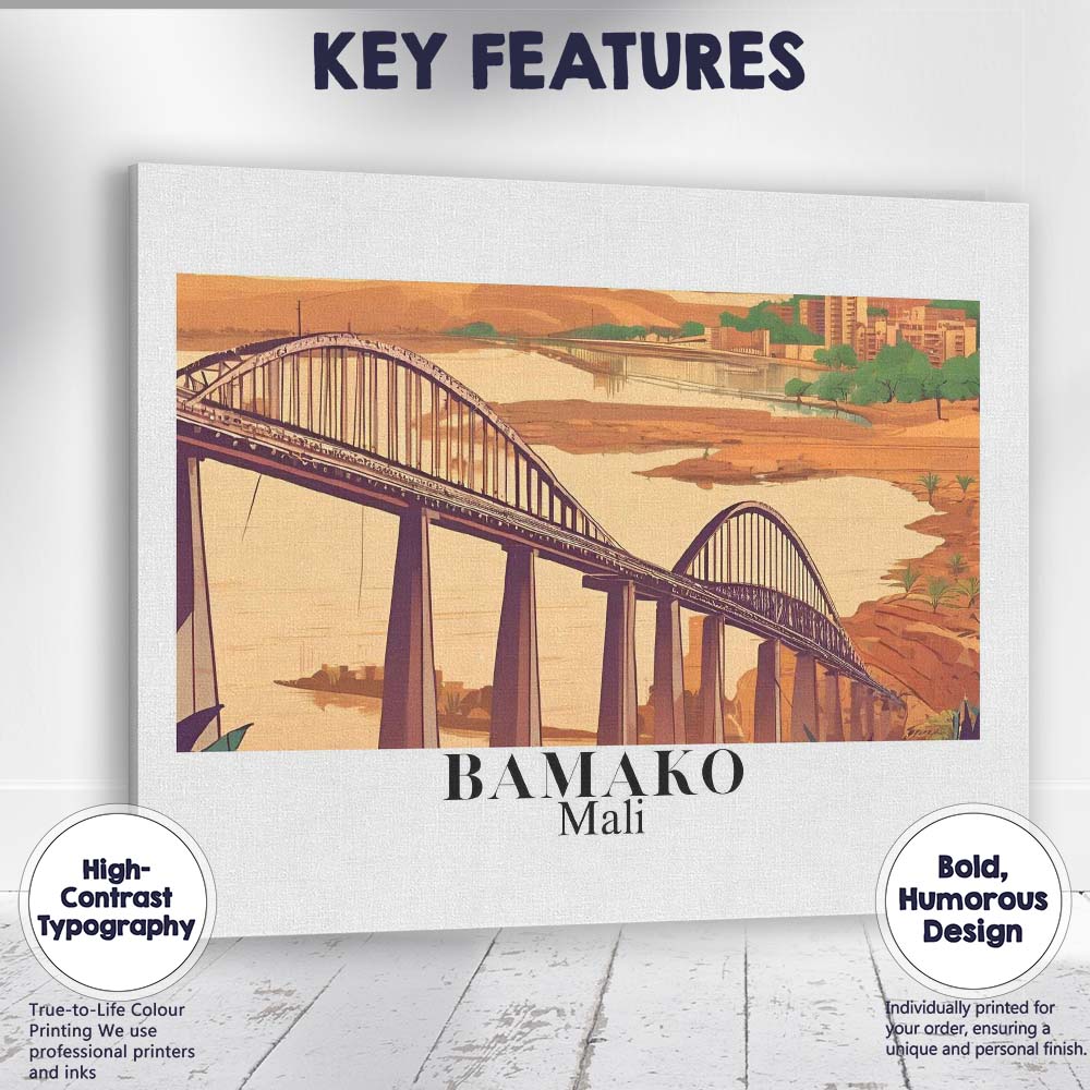 Retro Bamako Mali Arch Bridge Riverside Cityscape Travel Poster Canvas Wall Art Print Decor Picture Ready to Hang