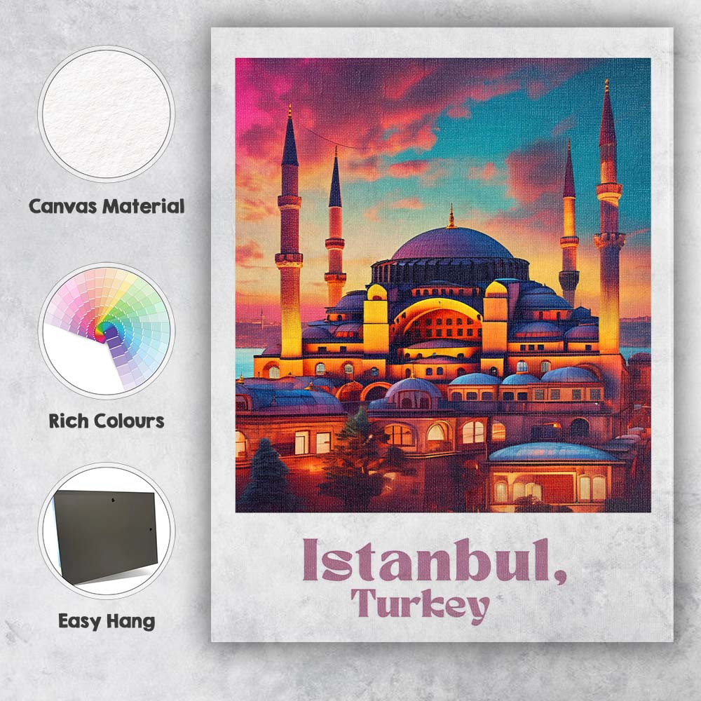 Vibrant Istanbul Turkey Blue Mosque Sunset Skyline Travel Poster Canvas Wall Art Print Decor Picture Ready to Hang
