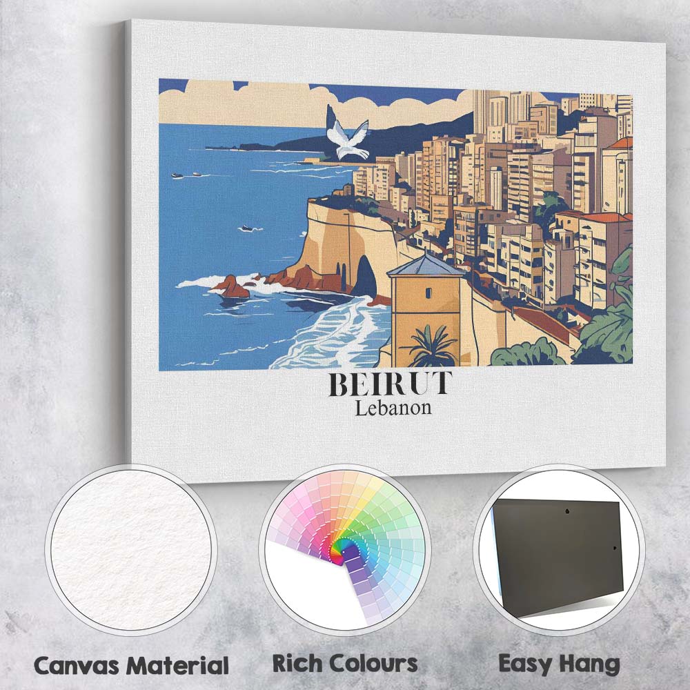 Stylised Beirut Lebanon Mediterranean Coast Cityscape Travel Poster Canvas Wall Art Print Decor Picture Ready to Hang