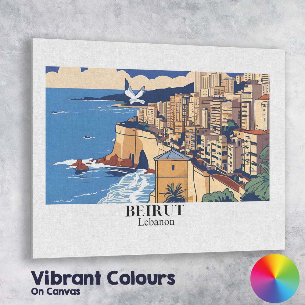 Stylised Beirut Lebanon Mediterranean Coast Cityscape Travel Poster Canvas Wall Art Print Decor Picture Ready to Hang