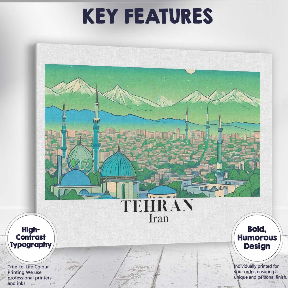 Scenic Tehran Iran Mountain Skyline Mosque Panorama Travel Poster Canvas Wall Art Print Decor Picture Ready to Hang