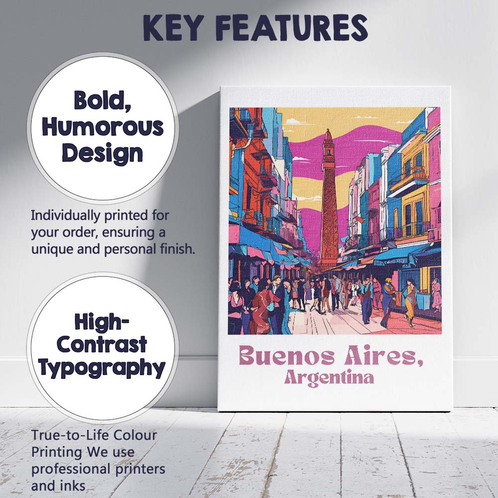 Colourful Buenos Aires Argentina Urban Street Obelisk Travel Poster Canvas Wall Art Print Decor Picture Ready to Hang