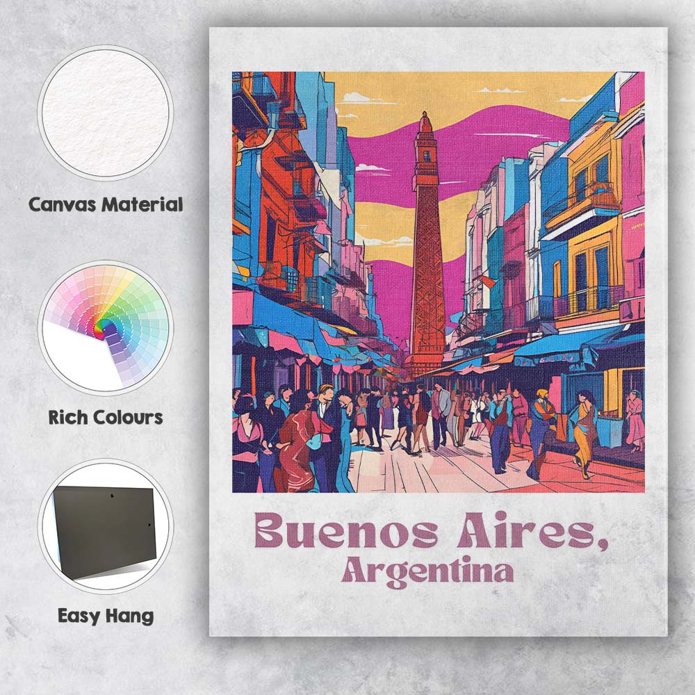 Colourful Buenos Aires Argentina Urban Street Obelisk Travel Poster Canvas Wall Art Print Decor Picture Ready to Hang