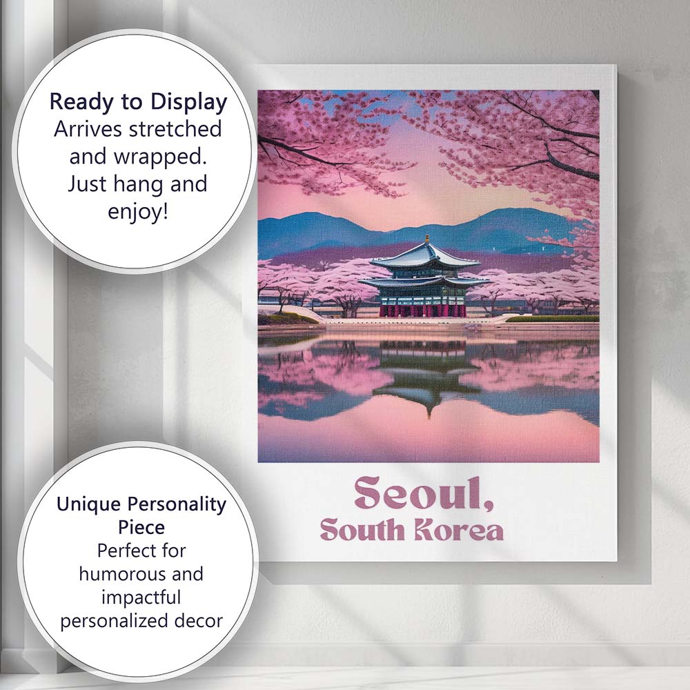 Cherry Blossom Seoul South Korea Historic Palace Reflection Travel Poster Canvas Wall Art Print Decor Picture Ready to Hang