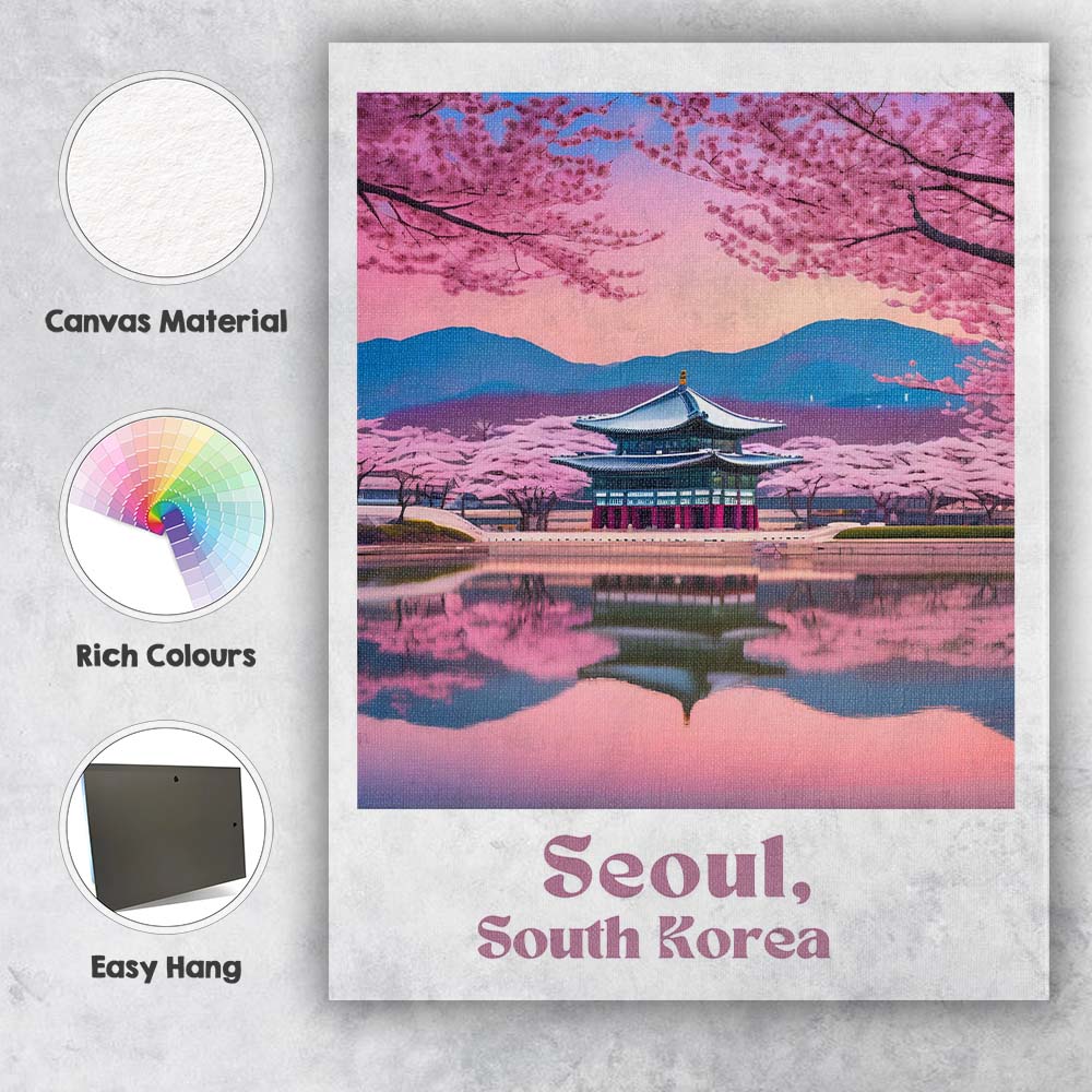Cherry Blossom Seoul South Korea Historic Palace Reflection Travel Poster Canvas Wall Art Print Decor Picture Ready to Hang