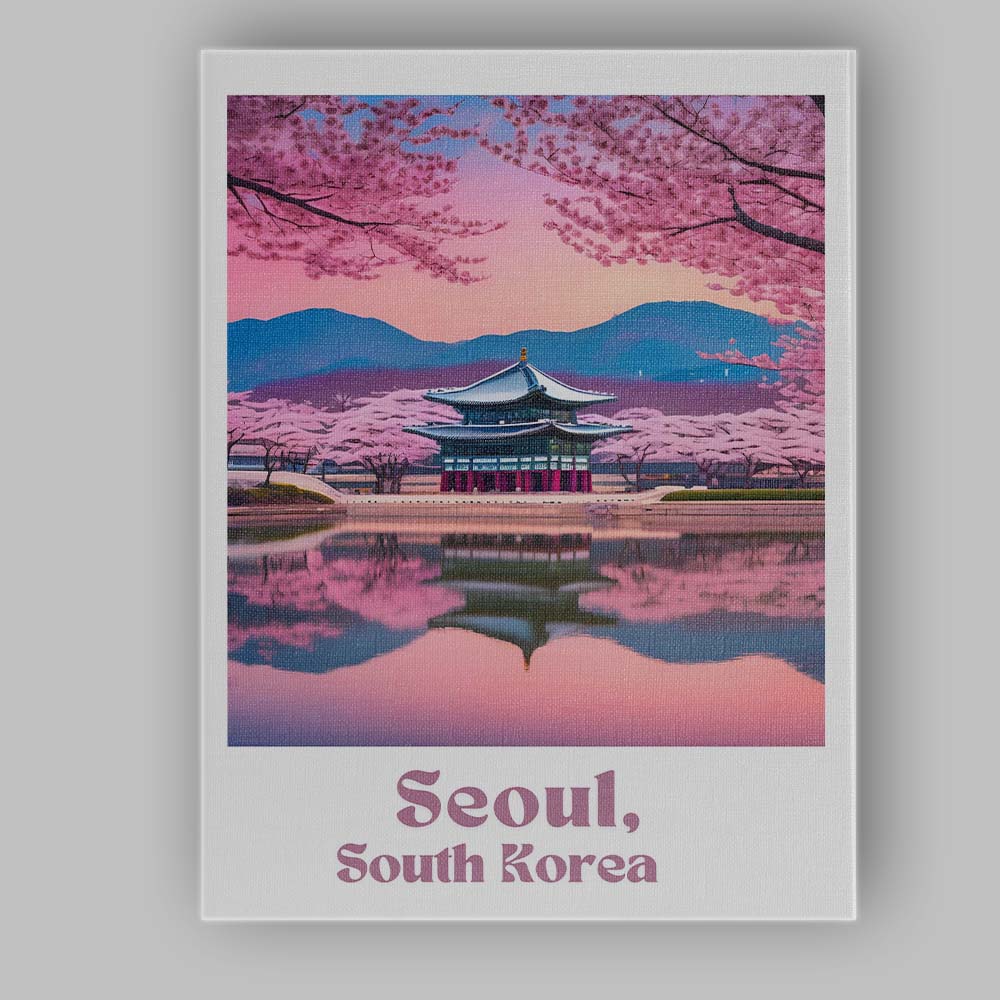 Cherry Blossom Seoul South Korea Historic Palace Reflection Travel Poster Canvas Wall Art Print Decor Picture Ready to Hang