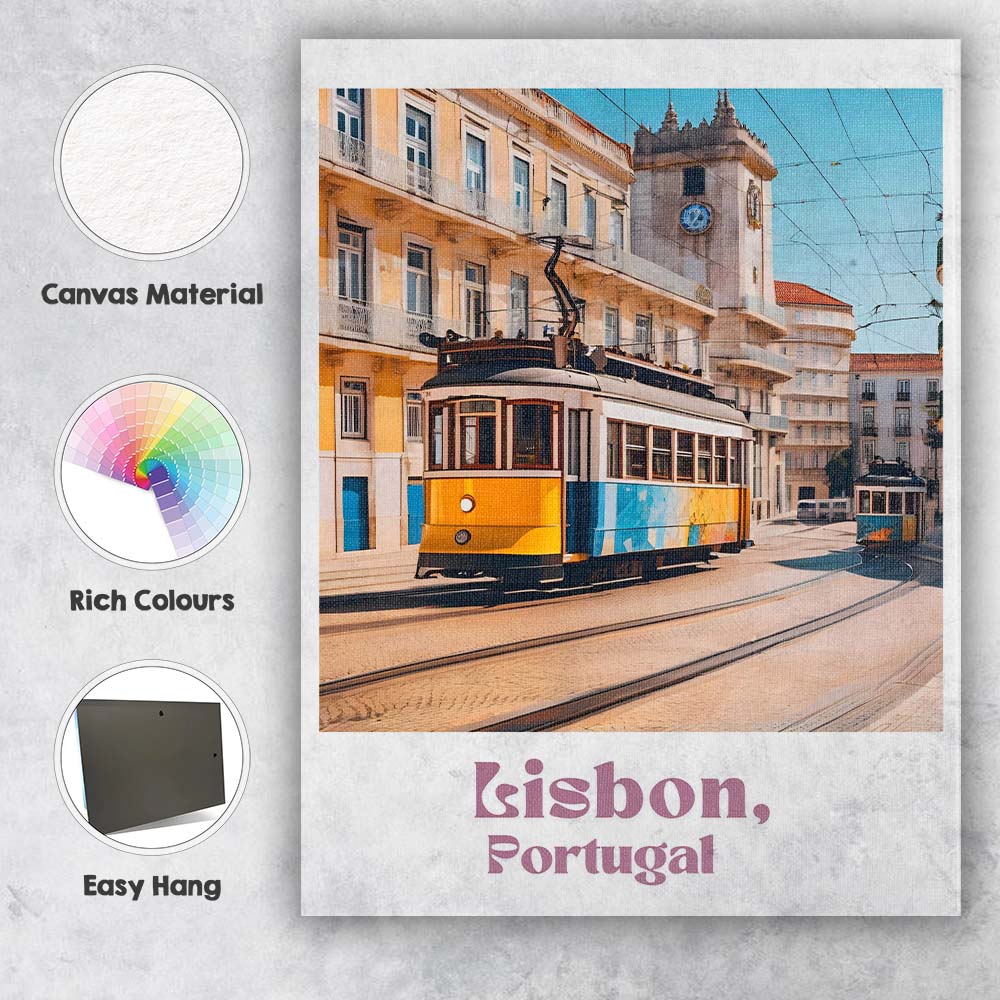Classic Lisbon Portugal Yellow Tram Historic Street Travel Poster Canvas Wall Art Print Decor Picture Ready to Hang