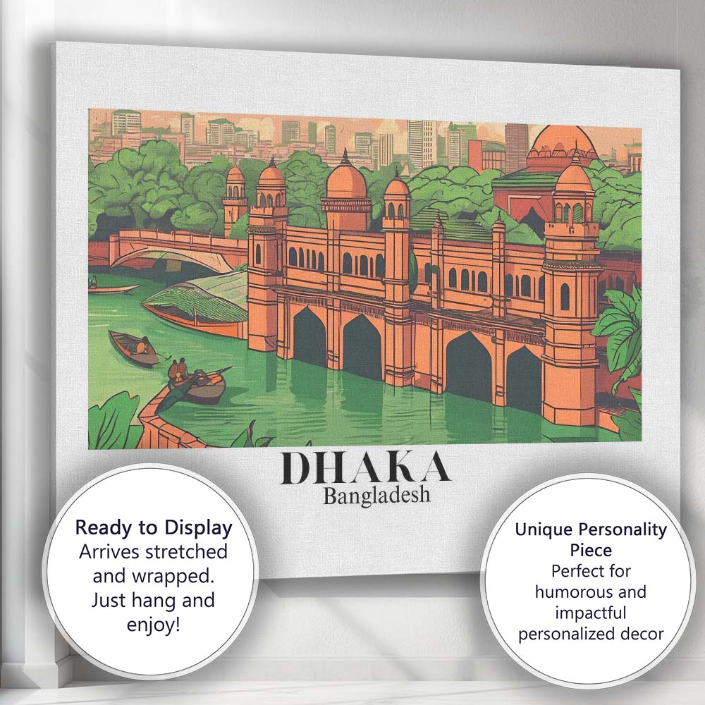 Illustrated Dhaka Bangladesh Historic Riverside Architecture Travel Poster Canvas Wall Art Print Decor Picture Ready to Hang