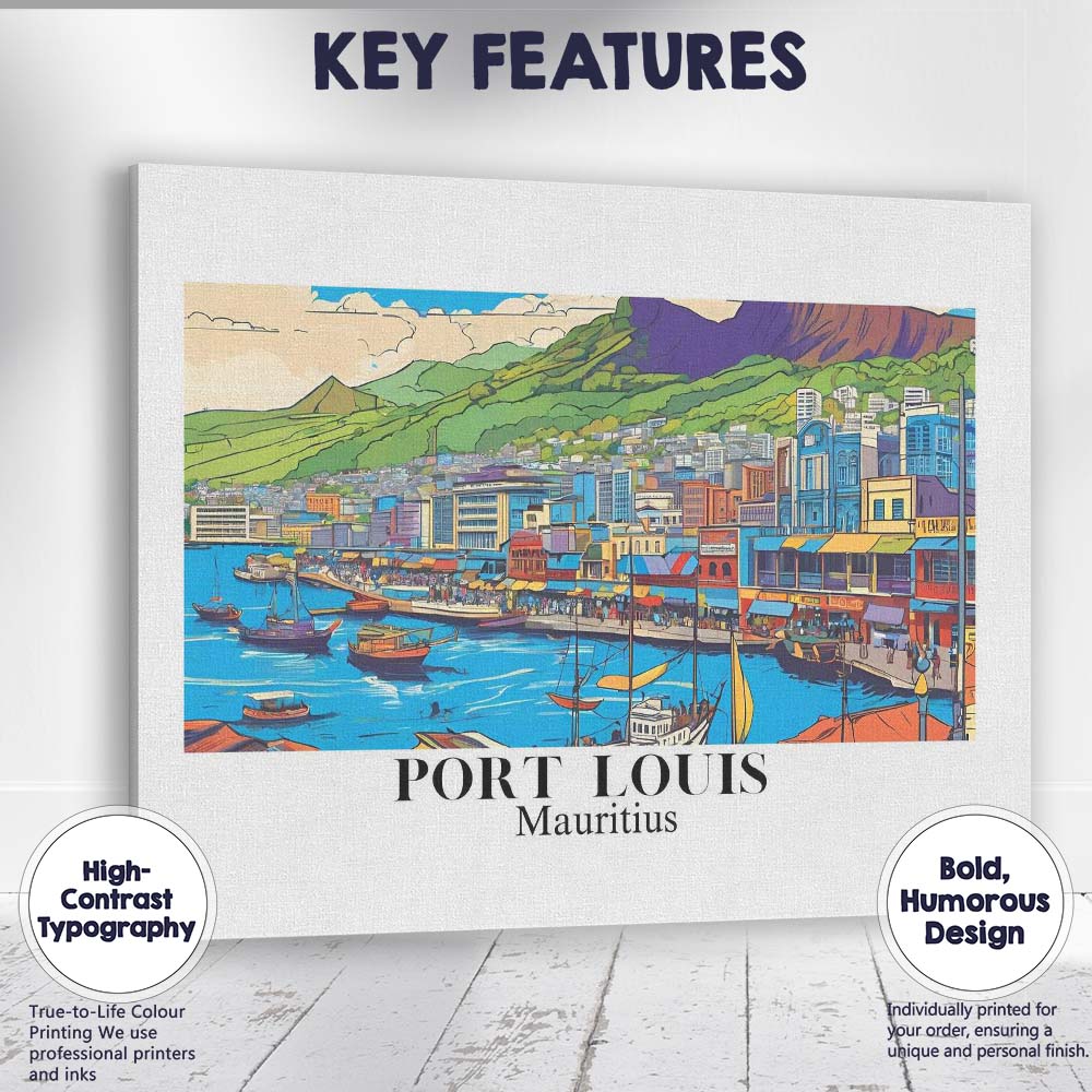 Colourful Port Louis Mauritius Harbour Waterfront Travel Poster Canvas Wall Art Print Decor Picture Ready to Hang