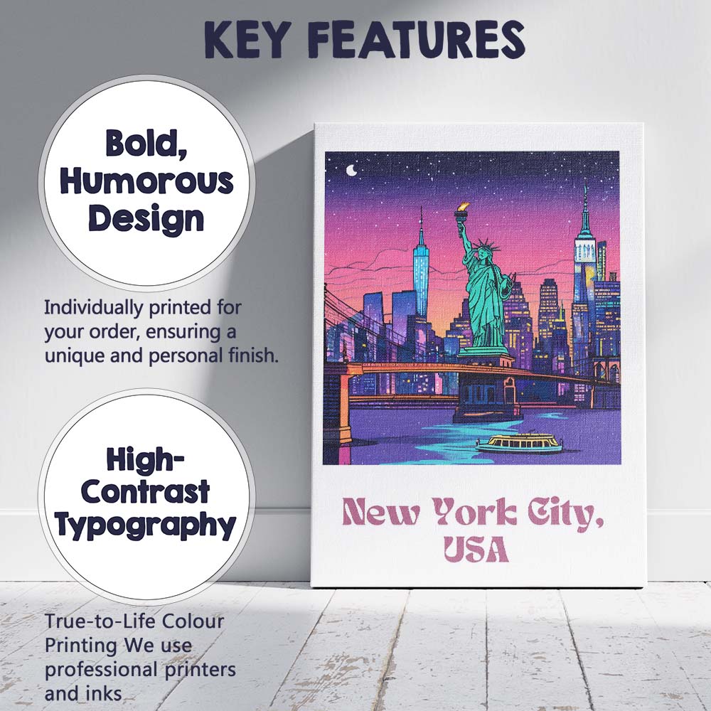 Vibrant New York City USA Statue of Liberty Night Skyline Travel Poster Canvas Wall Art Print Decor Picture Ready to Hang