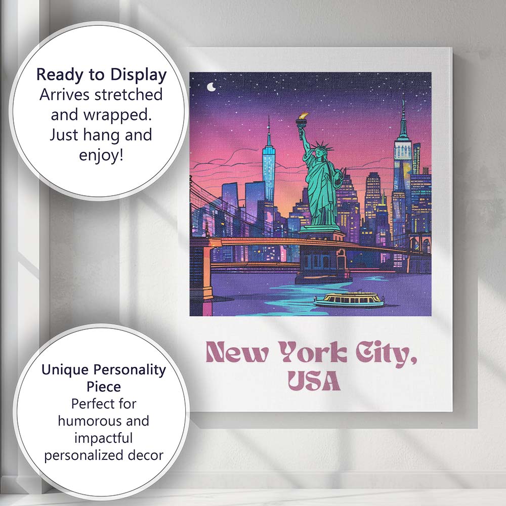Vibrant New York City USA Statue of Liberty Night Skyline Travel Poster Canvas Wall Art Print Decor Picture Ready to Hang
