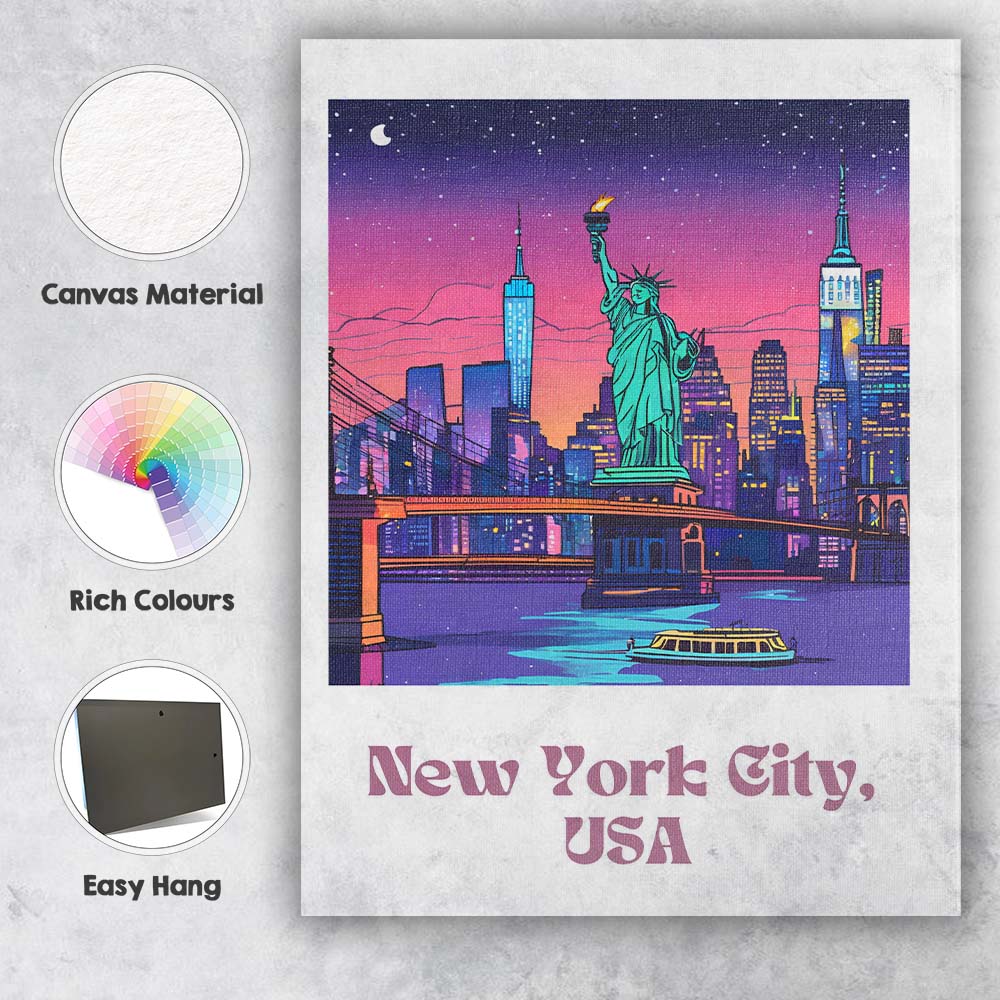 Vibrant New York City USA Statue of Liberty Night Skyline Travel Poster Canvas Wall Art Print Decor Picture Ready to Hang