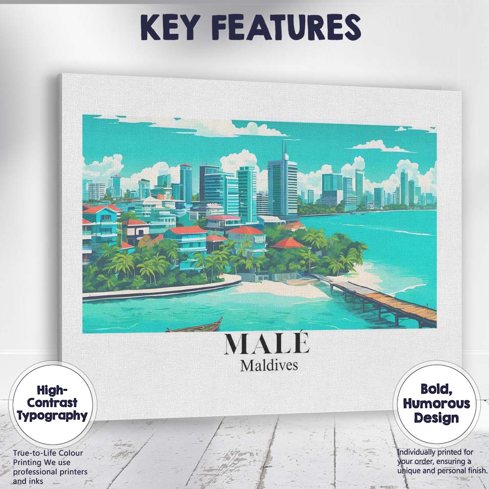 Tropical Male Maldives Waterfront Skyline Travel Poster Canvas Wall Art Print Decor Picture Ready to Hang