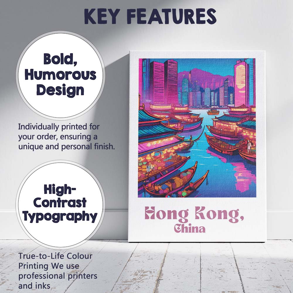 Colourful Hong Kong Harbour Floating Market Retro Travel Poster Canvas Wall Art Print Decor Picture Ready to Hang