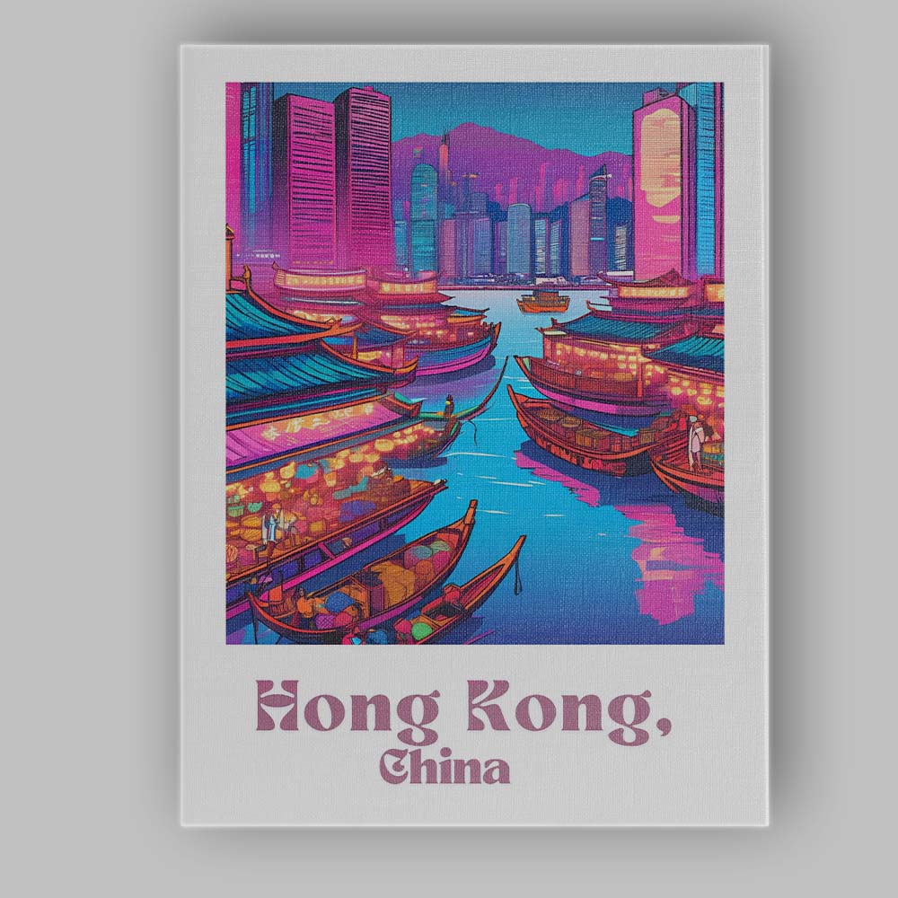 Colourful Hong Kong Harbour Floating Market Retro Travel Poster Canvas Wall Art Print Decor Picture Ready to Hang