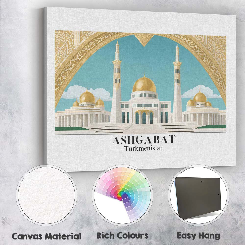 Grand Ashgabat White Marble Mosque Architecture Travel Poster Canvas Wall Art Print Decor Picture Ready to Hang