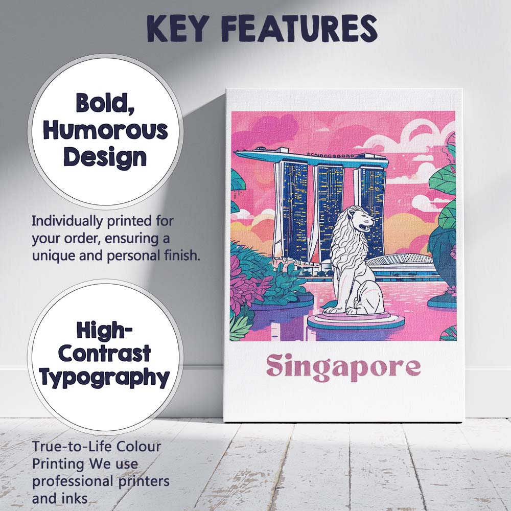 Singapore Marina Bay Merlion Landmark Modern Travel Poster Canvas Wall Art Print Decor Picture Ready to Hang