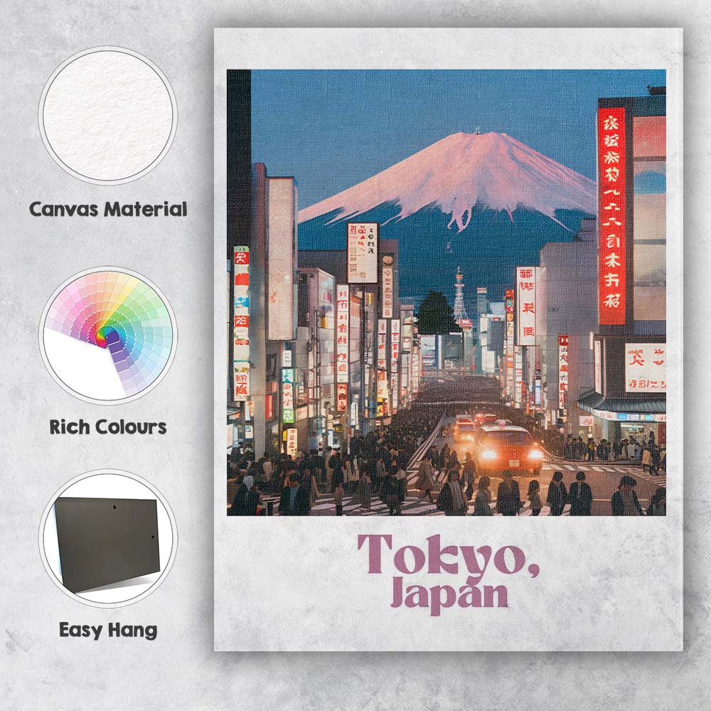 Tokyo Japan Mount Fuji Neon City Skyline Travel Poster Canvas Wall Art Print Decor Picture Ready to Hang