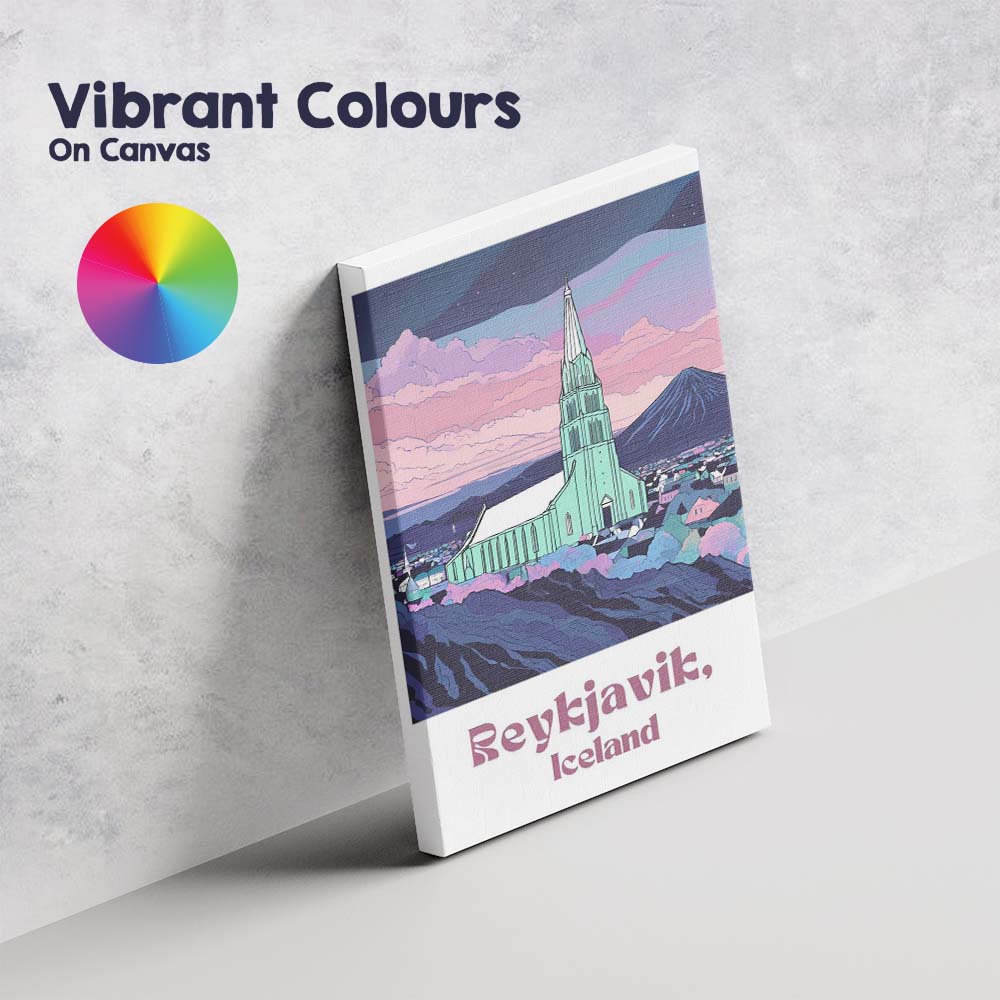 Reykjavik Iceland Hallgrimskirkja Church Pastel Mountain Landscape Travel Poster Canvas Wall Art Print Decor Picture Ready to Hang