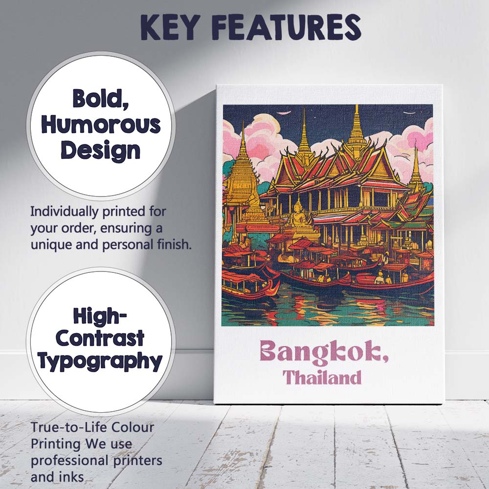 Bangkok Thailand Grand Palace Riverside Temple Illustration Travel Poster Canvas Wall Art Print Decor Picture Ready to Hang