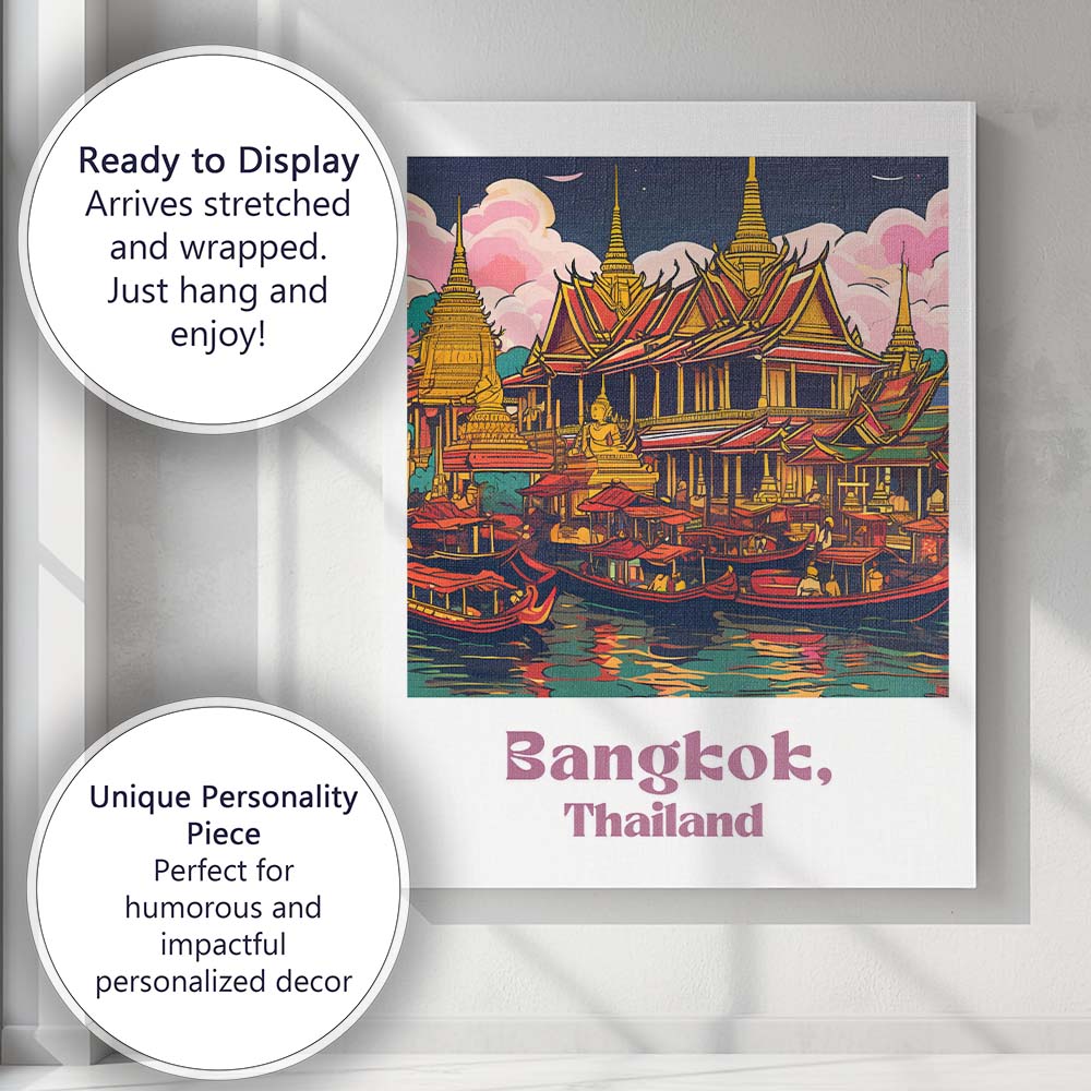 Bangkok Thailand Grand Palace Riverside Temple Illustration Travel Poster Canvas Wall Art Print Decor Picture Ready to Hang