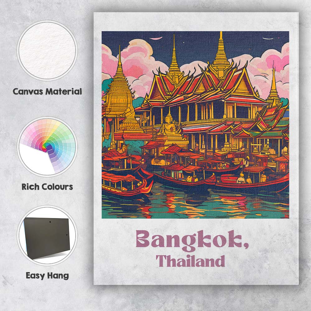 Bangkok Thailand Grand Palace Riverside Temple Illustration Travel Poster Canvas Wall Art Print Decor Picture Ready to Hang