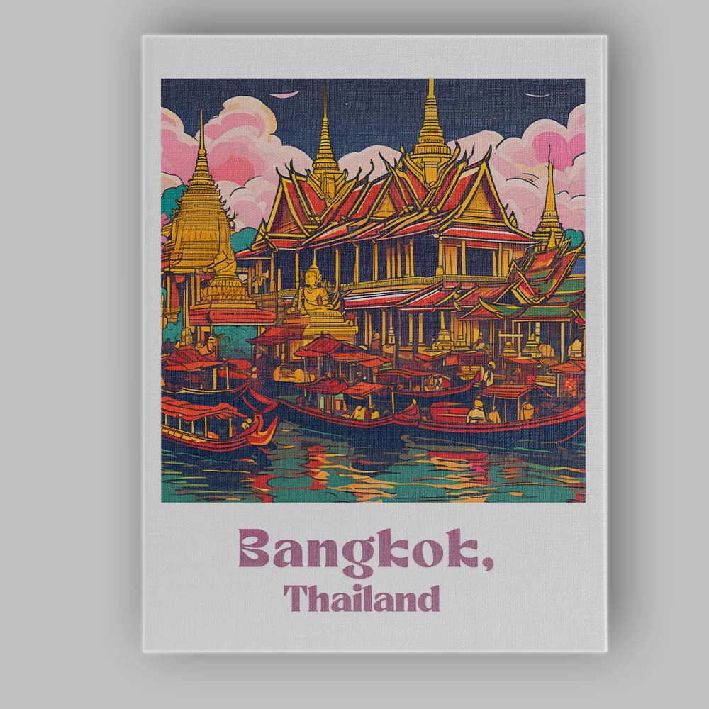 Bangkok Thailand Grand Palace Riverside Temple Illustration Travel Poster Canvas Wall Art Print Decor Picture Ready to Hang