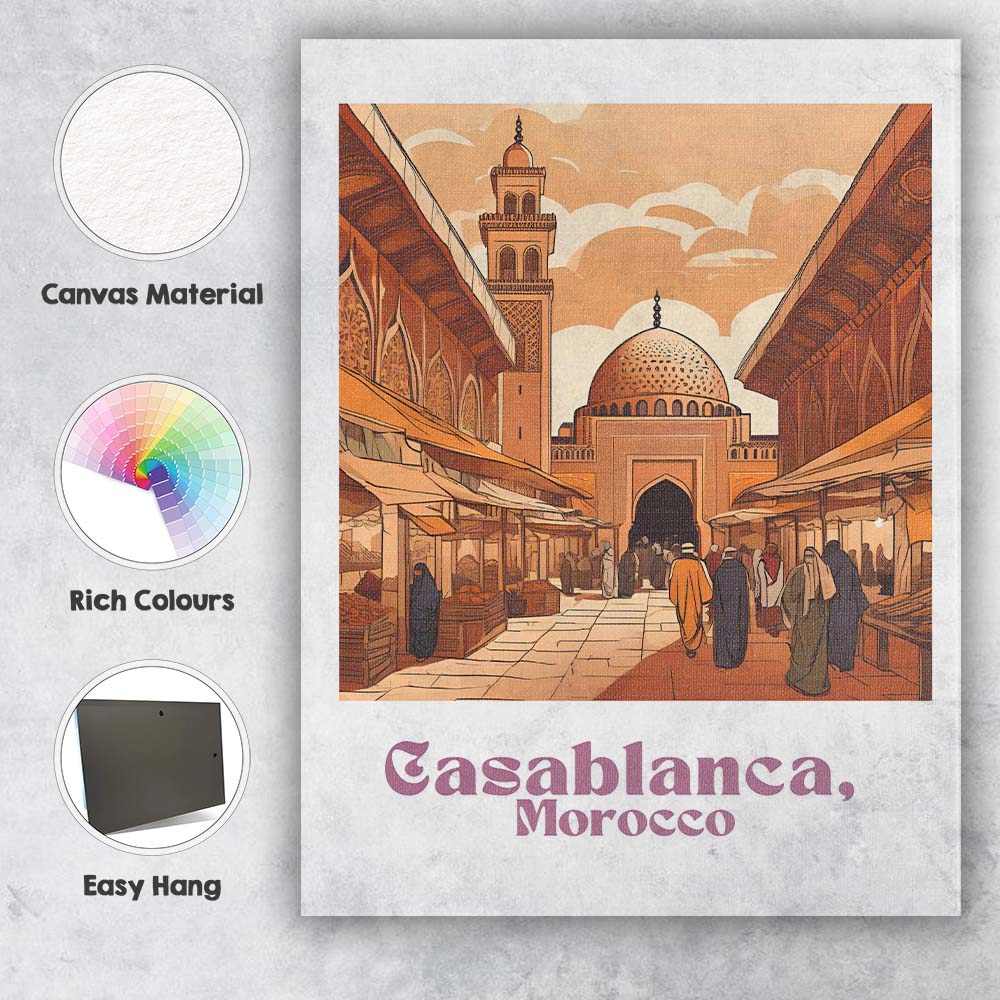 Casablanca Morocco Traditional Medina Mosque Market Street Travel Poster Canvas Wall Art Print Decor Picture Ready to Hang