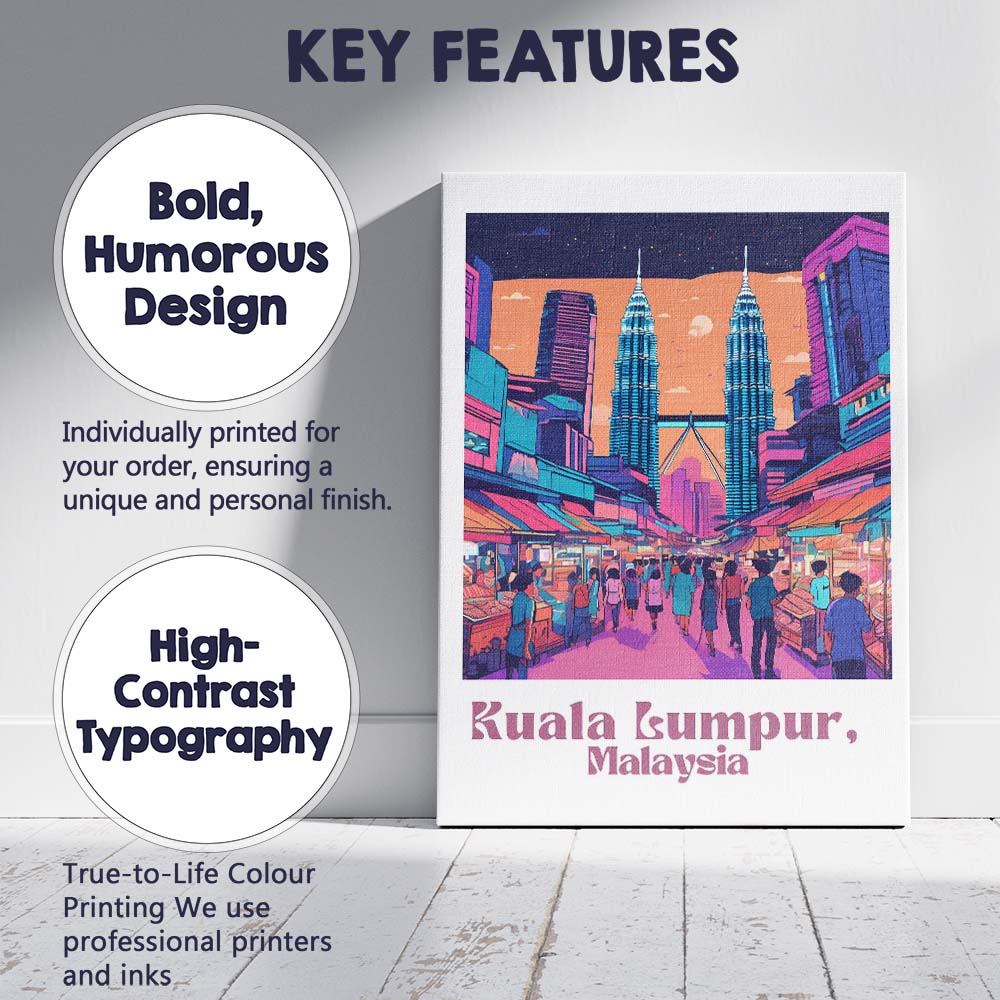 Kuala Lumpur Malaysia Petronas Twin Towers Night Market Travel Poster Canvas Wall Art Print Decor Picture Ready to Hang