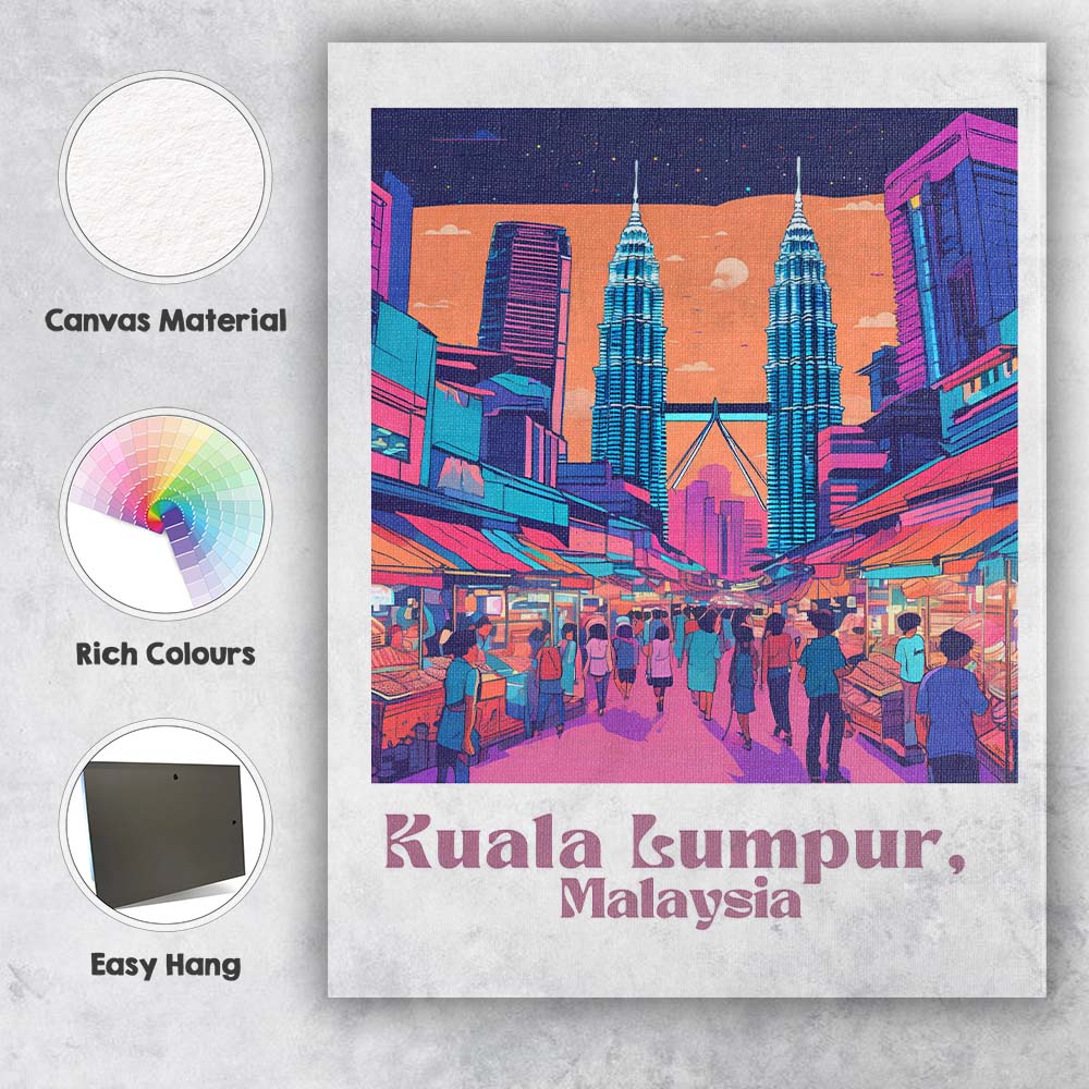 Kuala Lumpur Malaysia Petronas Twin Towers Night Market Travel Poster Canvas Wall Art Print Decor Picture Ready to Hang