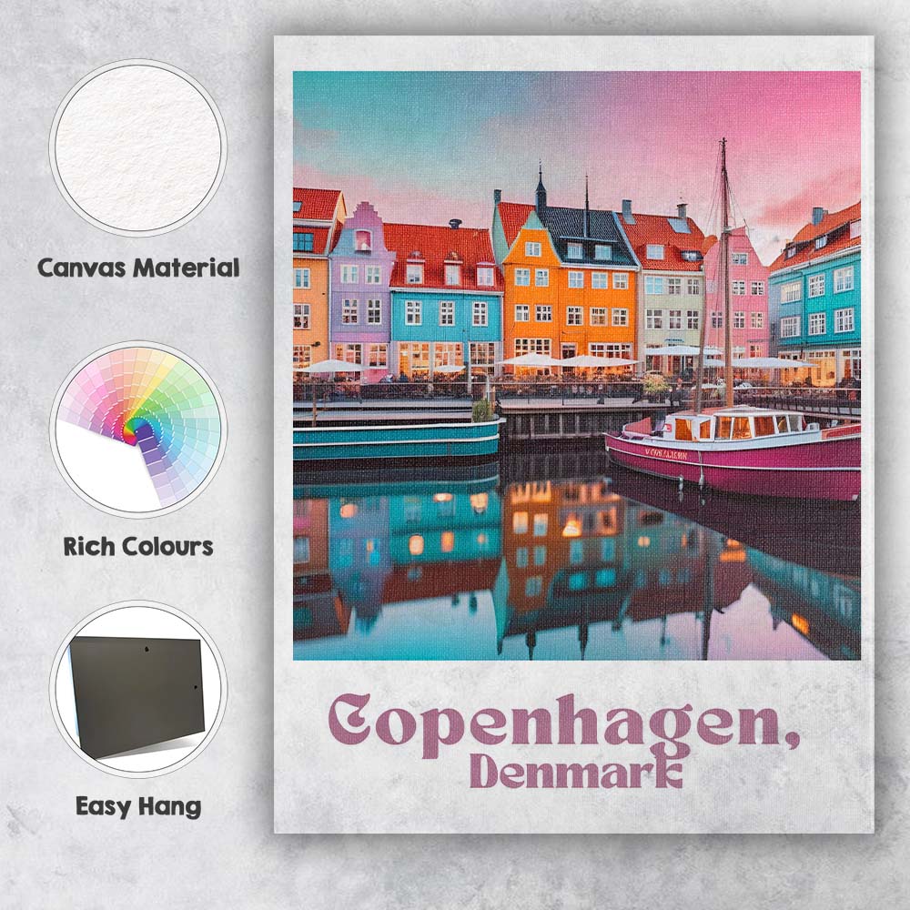 Copenhagen Denmark Colourful Nyhavn Waterfront Harbour Travel Poster Canvas Wall Art Print Decor Picture Ready to Hang