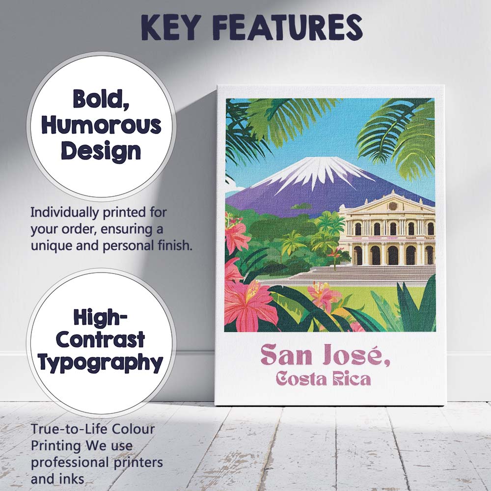 San José Costa Rica Volcano National Theatre Tropical Travel Poster Canvas Wall Art Print Decor Picture Ready to Hang