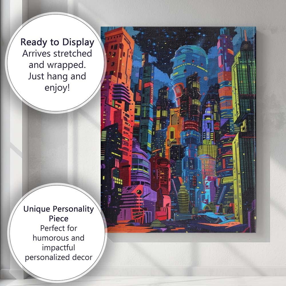 Neon Cyberpunk Futuristic City Night Skyline Illustration Canvas Wall Art Print Decor Picture Ready to Hang