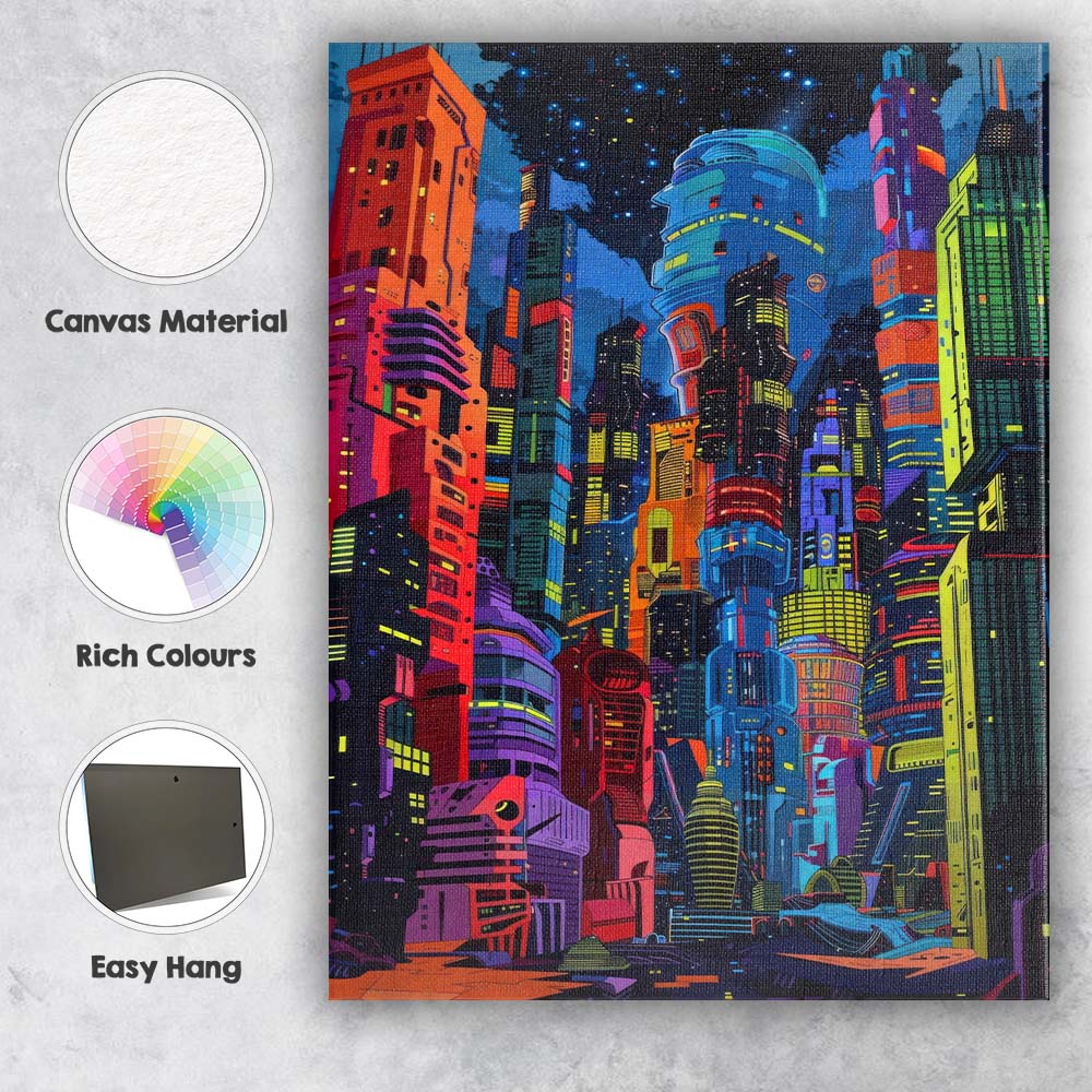 Neon Cyberpunk Futuristic City Night Skyline Illustration Canvas Wall Art Print Decor Picture Ready to Hang