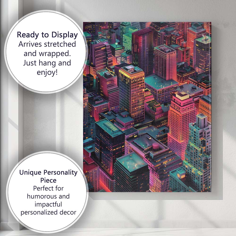 Neon City Skyline Nightscape Modern Digital Art Canvas Wall Art Print Decor Picture Ready to Hang