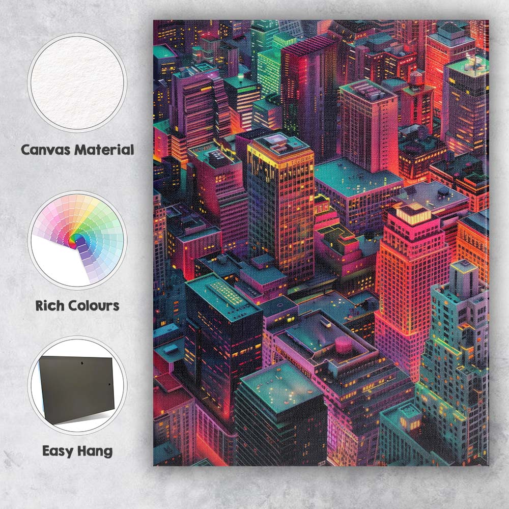Neon City Skyline Nightscape Modern Digital Art Canvas Wall Art Print Decor Picture Ready to Hang