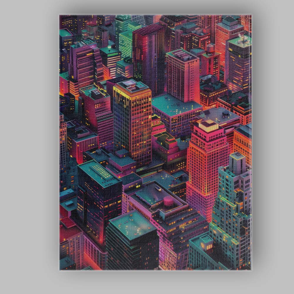 Neon City Skyline Nightscape Modern Digital Art Canvas Wall Art Print Decor Picture Ready to Hang