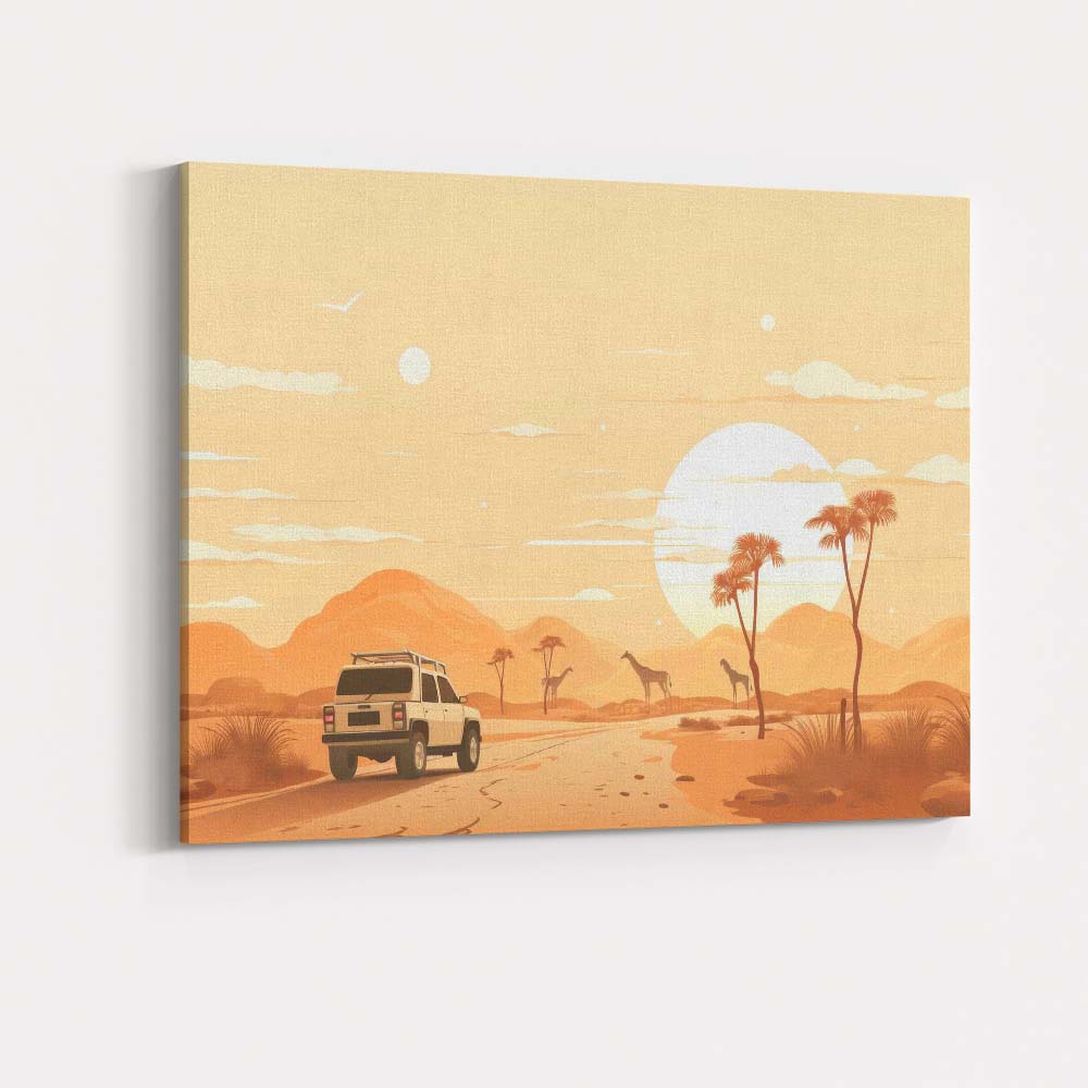 African Safari Desert Landscape Giraffes Four Wheel Drive Sunset Travel Poster Canvas Wall Art Print Decor Picture Ready to Hang