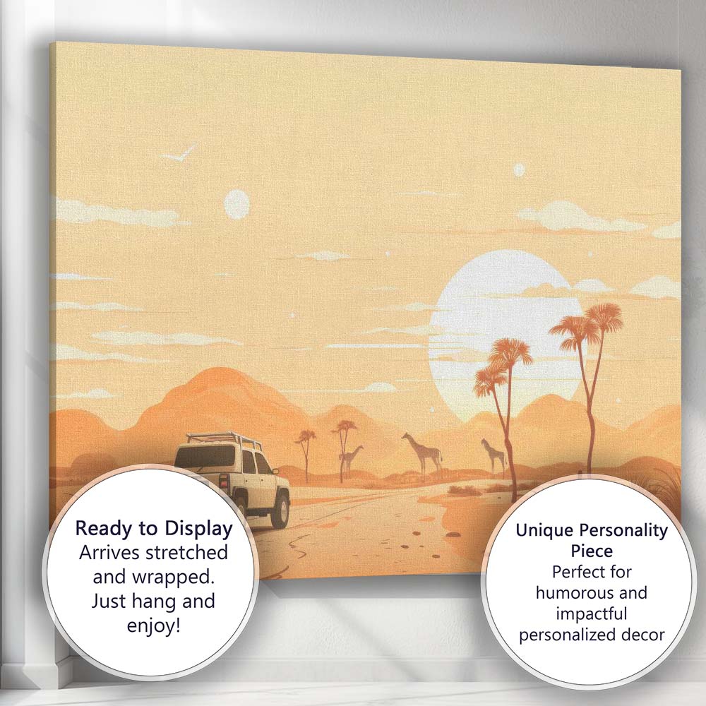 African Safari Desert Landscape Giraffes Four Wheel Drive Sunset Travel Poster Canvas Wall Art Print Decor Picture Ready to Hang