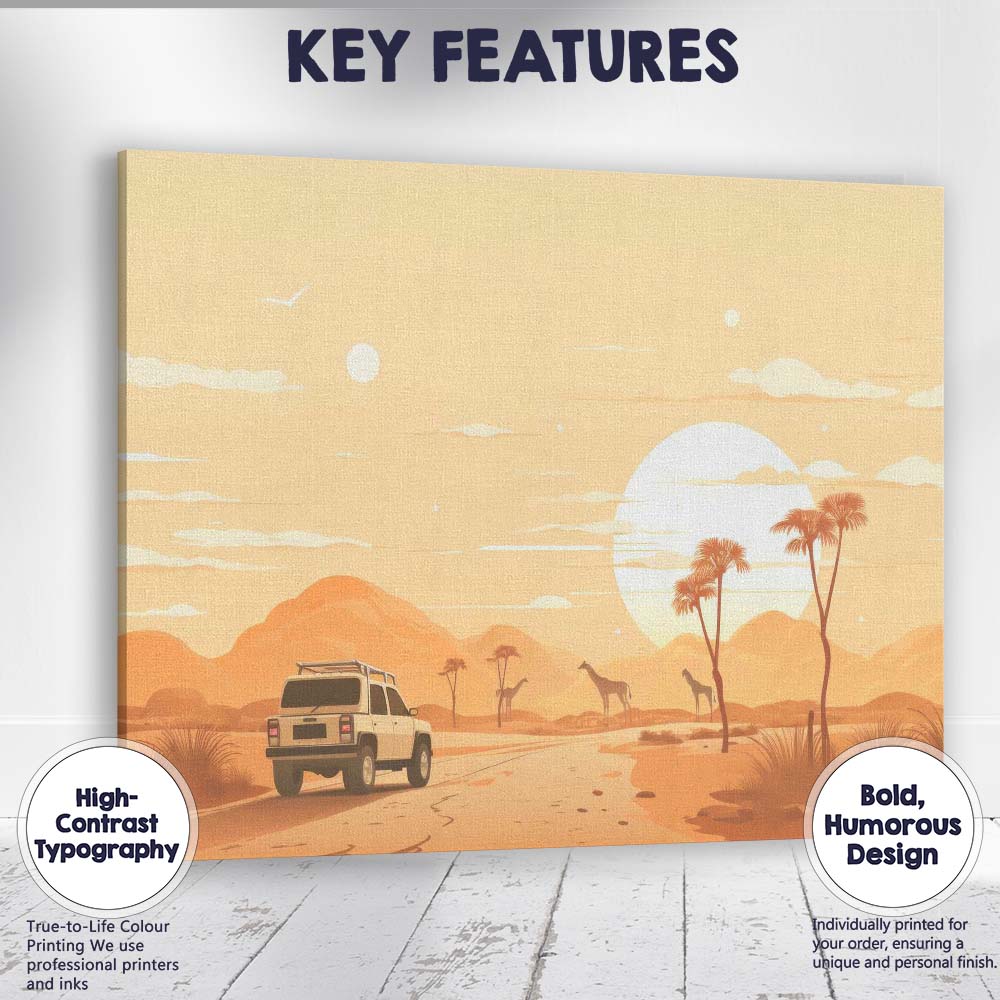 African Safari Desert Landscape Giraffes Four Wheel Drive Sunset Travel Poster Canvas Wall Art Print Decor Picture Ready to Hang