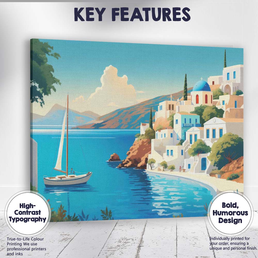 Greek Santorini Whitewashed Blue Domed Village Coastal Travel Poster Canvas Wall Art Print Decor Picture Ready to Hang