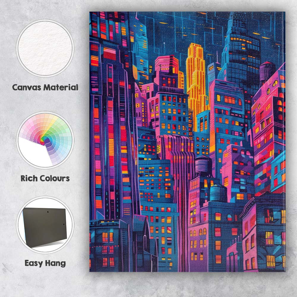 Neon Futuristic Cyberpunk City Skyline Night Illustration Canvas Wall Art Print Decor Picture Ready to Hang