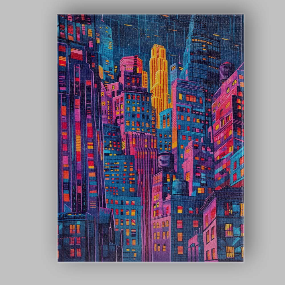 Neon Futuristic Cyberpunk City Skyline Night Illustration Canvas Wall Art Print Decor Picture Ready to Hang