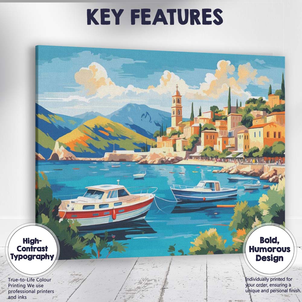 Mediterranean Coastal Harbour Fishing Boats Scenic Village Travel Poster Canvas Wall Art Print Decor Picture Ready to Hang