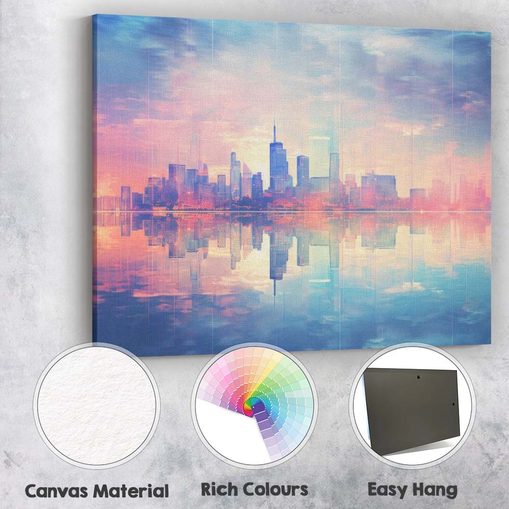 Dreamy Pastel Modern City Skyline Reflection Abstract Illustration Canvas Wall Art Print Decor Picture Ready to Hang